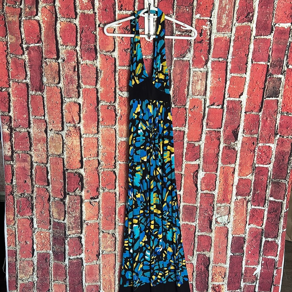Rhapsody Abstract Halter Dress - Size Large Vibrant Halter Maxi Dress